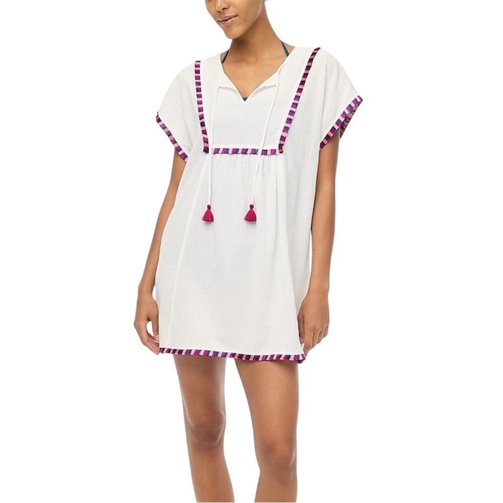 J. Crew XXL White Cover-Up Pink Blue Trim cotton gauze top resort wear BOHO